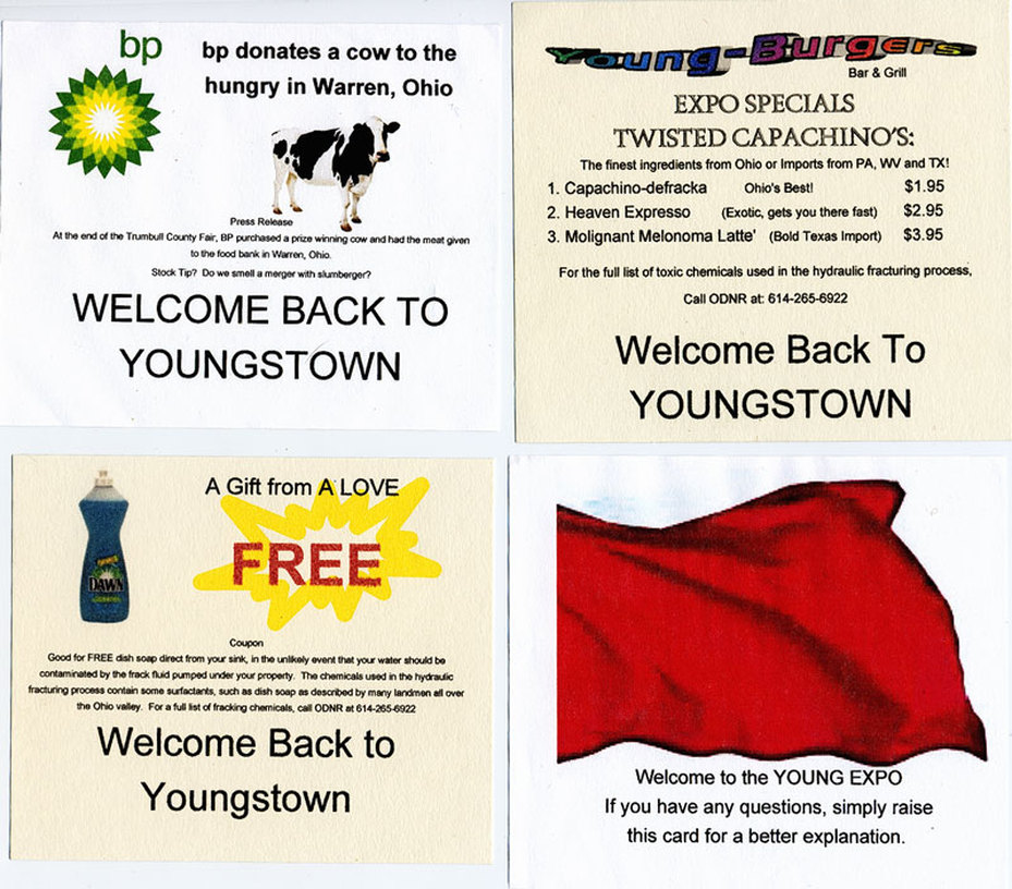 Concerned citizens were on hand to greet returning Y.O.U.N.G Utica shale conference attendees by distributing materials using the industry's own spin. Reflecting industry's misleading information, the welcoming vouchers listed local drinks such as the Cappuccino-defracka and Malignant Melanoma Latte'. Another coupon that could be redeemed for a bottle of Dawn dish soap highlighted the misconception that fracking and drilling fluids are non-toxic. 